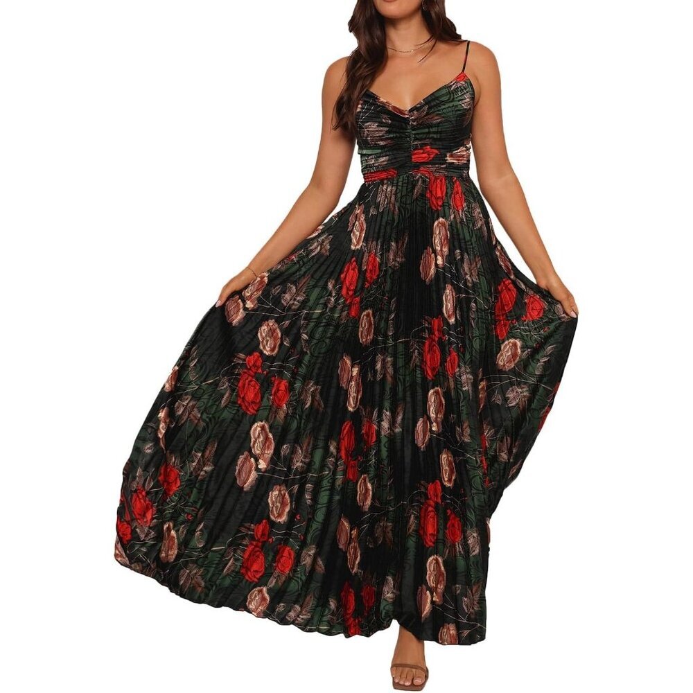 Women's Green Flower Polyester Pleated Adjustable Spaghetti Strap Maxi Dress